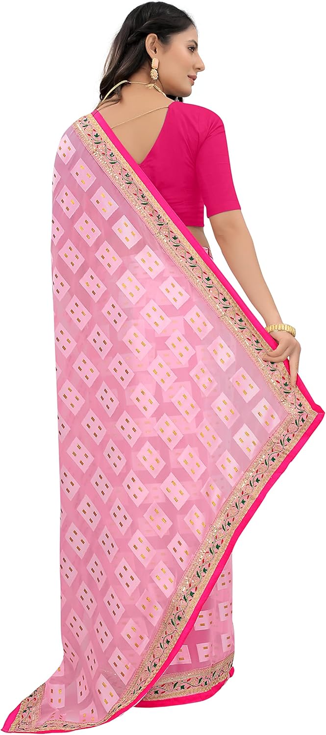 Womens Embroidery Sequence Work Fancy Saree With Stitched blouse - Image 2