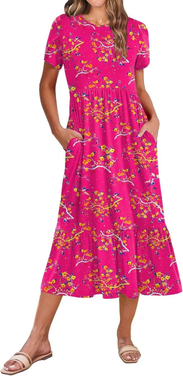 Zeagoo Women Summer Midi A Line Dress Short Sleeve Casual Flowy Tiered Beach Long Sundress with Pockets 2025 Vacation Travel