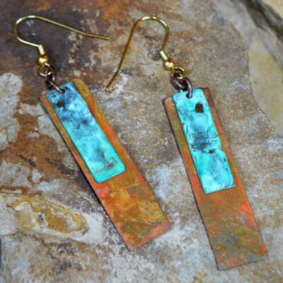 Elaine Coyne Verdigris and Earth Patina Bohemian Chic Elongated Rectangle Earrings