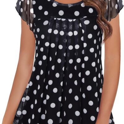 Furnex Women's Short Sleeve Tunic Shirt Pleated Mesh Blouses Summer Floral Tops