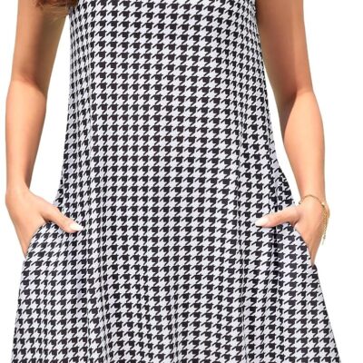 Tanst Sky Women Summer Sleeveless Damask Print T-Shirt Dress with Pockets(S-3XL)