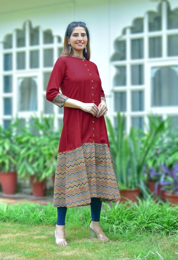 Yash Gallery Women's Rayon & Cotton Cambric Zig-Zag Print A-Line Kurta - Image 2