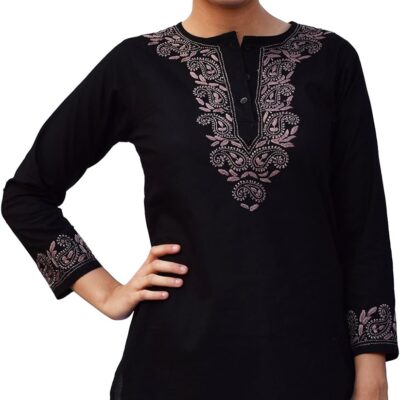 Ayurvastram Pure Cotton Round Neck, Hand Embroidered Tunic, Top, Kurti, Blouse