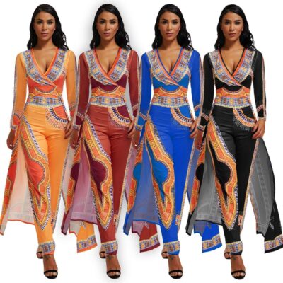 MENCCINO Jumpsuit for Women Elegant African Printed Skirts Overlay Long Romper Pants Suit
