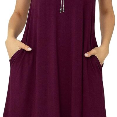 Women Casual Loose Soft Crewneck Short Sleeve Pockets Swing T-Shirt Dress