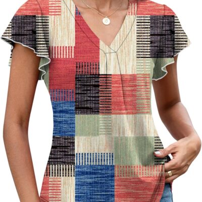 LOMON Womens Tops Dressy Casual Summer Flutter Sleeve T-Shirts Trendy Ruffle Short Sleeve Loose V-Neck Tunic Tops