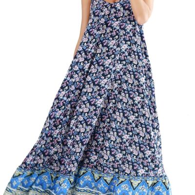 BUENOS NINOS Women's V Neck Floral Maxi Dress Boho Printed Adjustable Spaghetti Strap Ethnic Beach Long Dress with Pockets