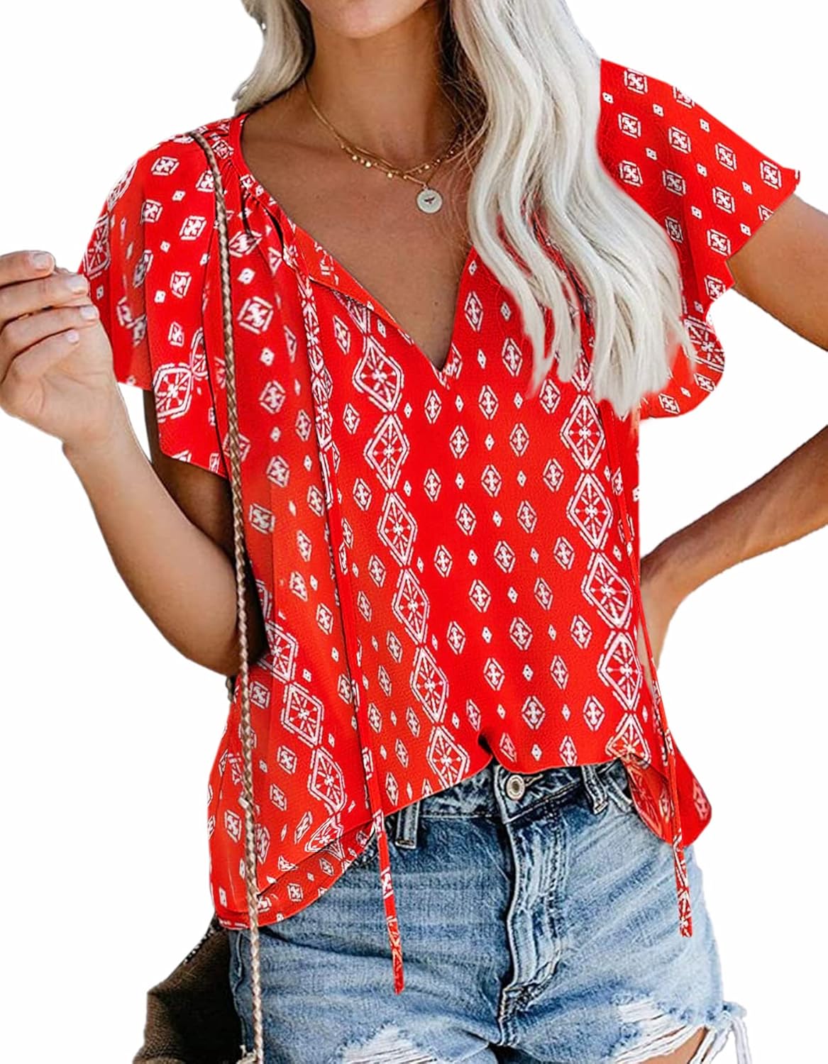 SimpleFun Women's Boho Tops Floral V Neck Short Sleeve Summer Blouse Shirts