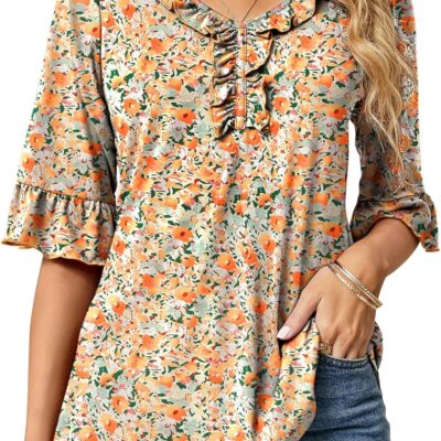 Ivicoer Women's Casual V Neck T Shirts Loose Summer Fall 3/4 Bell Sleeve Tops Ruffle Tunic Blouses