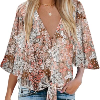 Bluetime Womens Summer Tops Boho 3/4 Sleeve V Neck Tie Front Shirts Casual Floral Blouses