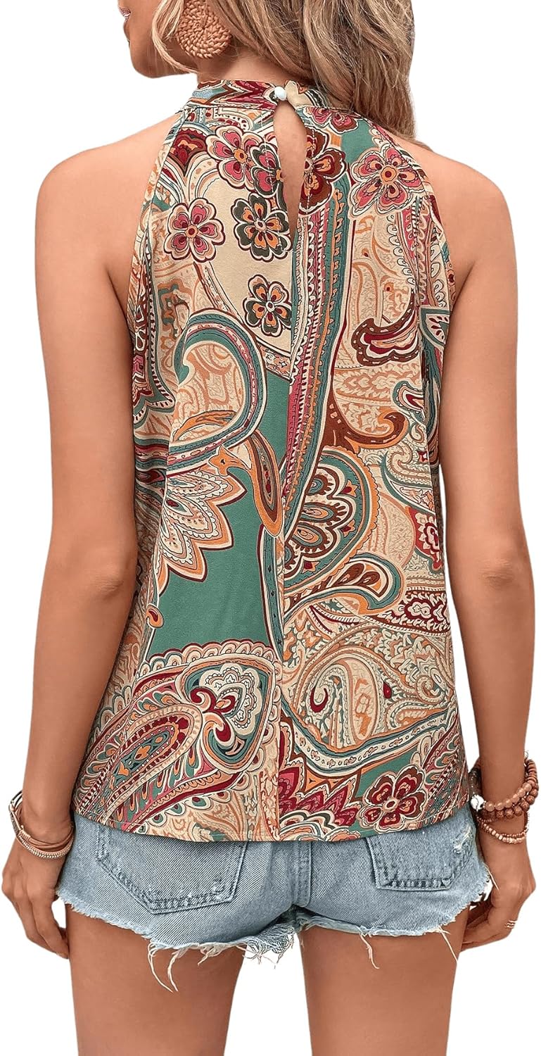 Women's Tropical Paisley Print Halter Blouse Sleeveless Boho Shirt Tops Button Back Vacation Tops - Image 2