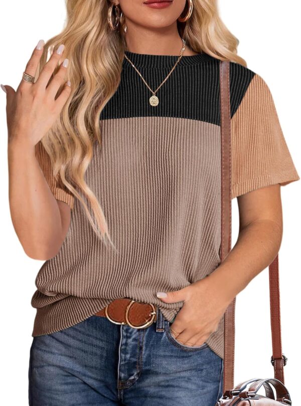 Zeagoo Womens Casual Shirts Color Block Tops Short Sleeve T Shirts Crewneck Knitted Summer Loose Blouses Tops