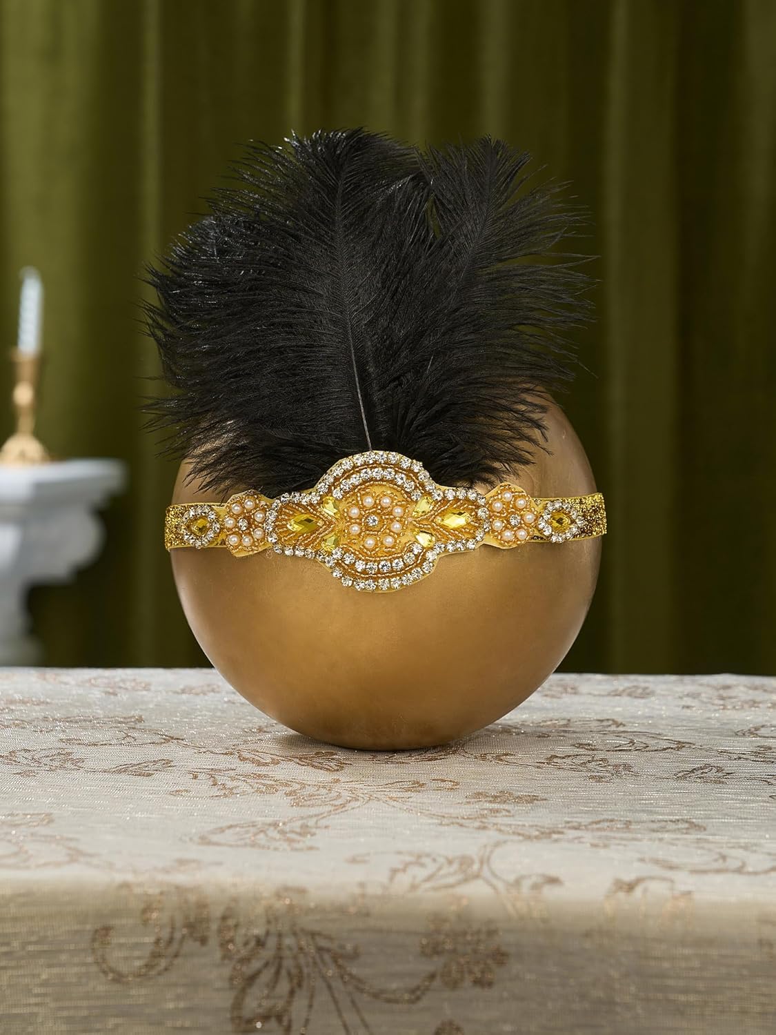 SWEETV 1920s Headpiece Flapper Headband, Feather Rhinestone Roaring 20s Great Gatsby Hair Accessories for Women,Yellow - Image 2