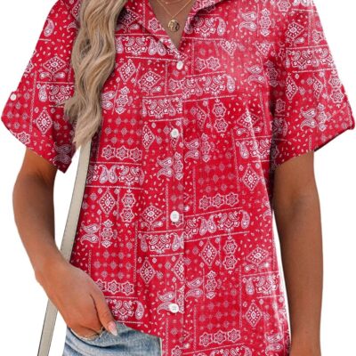 HOTOUCH Button Down Shirt Women Cotton Short Sleeve Blouses V Neck Collared Button Up Summer Beach Tops