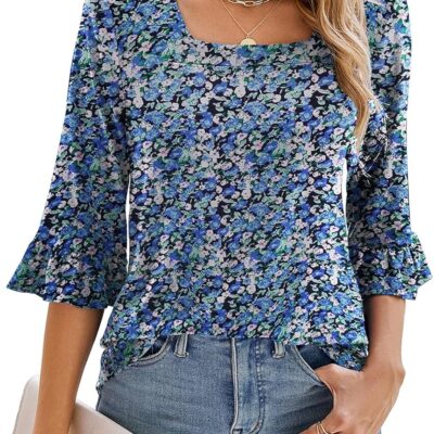 Poetsky Women's Casual 3/4 Sleeve Tops Summer Square Neck T Shirts Ruffle Loose Fit Tunic Blouses