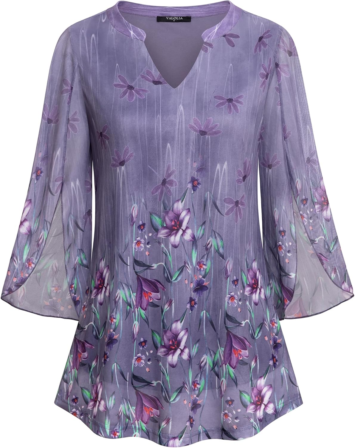 VALOLIA Women's 3/4 Sleeve Floral Tunic Tops V Neck Double Layers Loose Fit Mesh Blouses Shirt