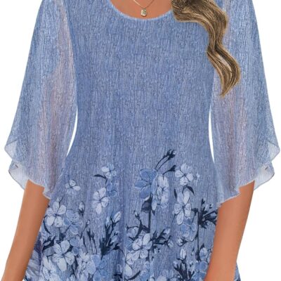 Ninedaily Women's Tops 3/4 Sleeve Blouses Dressy Casual Double Layers Mesh Tunic Shirts