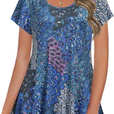 Nandashe Women Short Sleeves Tunic Shirts Casual Scoop Neck Floral Irregular Hem Blouses Tops