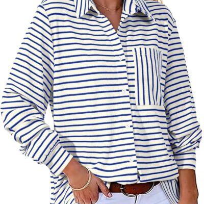 Astylish Women's 2025 Oversized Long Sleeve Shirts Button Up Striped Collared Front Pocket Top