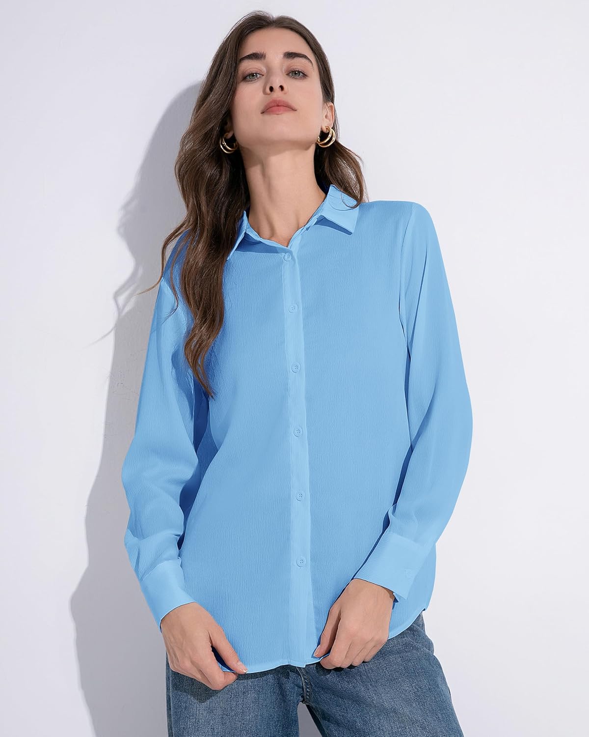 Women's Button Down Shirt Textured Chiffon Blouse Classic Collared Top Casual Work Office Blouse - Image 3