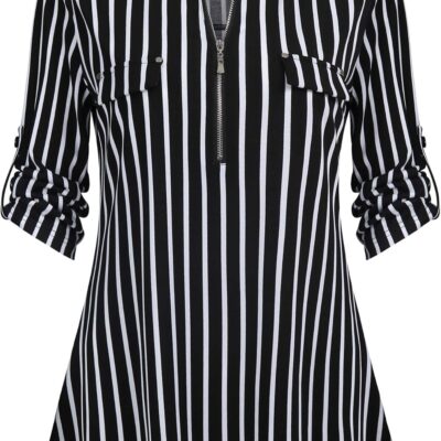 BEPEI Womens Floral 3/4 Sleeve Shirts Zip up V Neck Work Chiffon Blouses Top