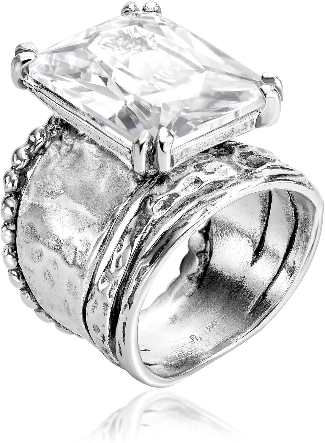 JEAN RACHEL JEWELRY 925 Sterling Silver Statement Ring with Octagon Shaped Cubic Zirconia - Hypoallergenic, Nickel & Lead-free - Artisan Handcrafted Designer Collection - Made In Israel