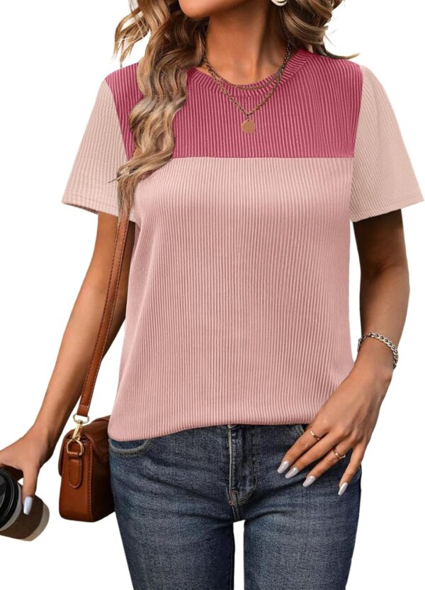 Zeagoo Womens Casual Shirts Color Block Tops Short Sleeve T Shirts Crewneck Knitted Summer Loose Blouses Tops - Image 2