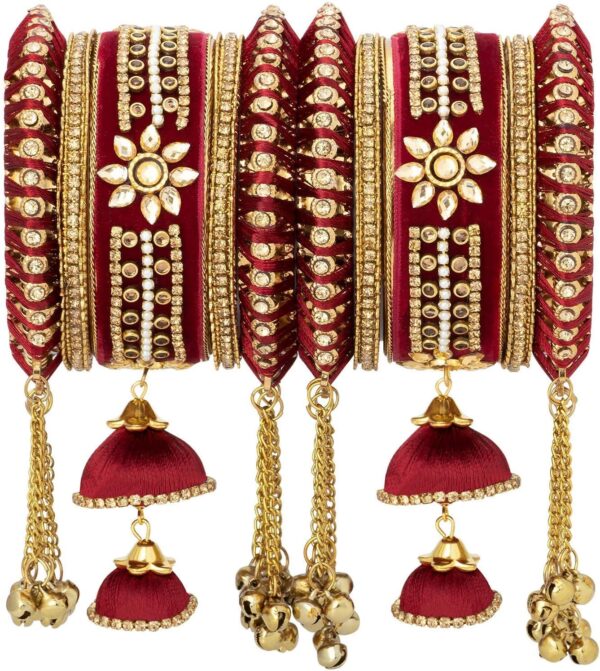 Aheli Wedding Party Designer Velvet Faux Stone Studded Bridal Bangle Set Chuda with Hangings Indian Traditional Ethnic Fashion Jewelry Gift for Women