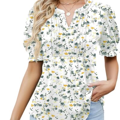 Ivicoer Women's Summer Puff Short/Long Sleeve Tops V Neck Pleated Shirts Floral Tunic Blouses Dressy Casual S-XXL