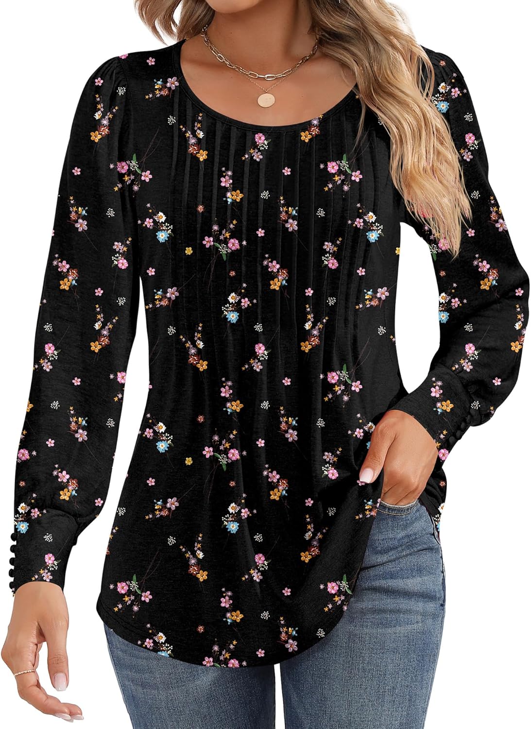 Ficerd Women's Puff Long Sleeve Tunic Tops Pleated Crew Neck Blouses Dressy Casual Loose Fit Winter and Spring Shirts