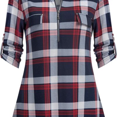 Ninedaily Women's 3/4 Sleeve Plaid Shirts Zip Floral Casual Tunic Blouse Tops