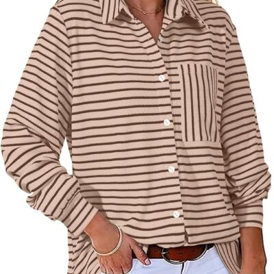 Astylish Women's 2025 Oversized Long Sleeve Shirts Button Up Striped Collared Front Pocket Top