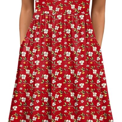 HOTOUCH Women's Summer Short Sleeve A-Line Midi Dresses Casual Floral T-Shirt Dress Flowy Beach Sundress with Pockets