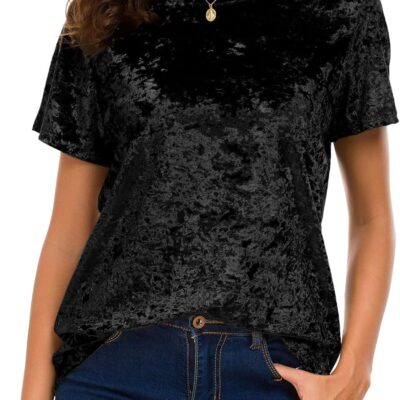 Women's Crew Neck Velvet Top Short Sleeve T-Shirt