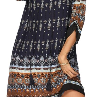 HOTOUCH Women Casual Beach Summer Dress Boho Tassel Tie Neck 3/4 Long Sleeve Short Floral Print Flowy Cover Up Sundresses