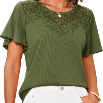 GRACE KARIN Womens Summer Tops Ruffle Sleeve 2025 Trendy Lace Floral Crew Neck Ribbed T Shirts Dressy Casual Blouses