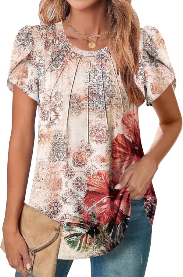 Zeagoo Womens Tops Petal Short Sleeve Summer Casual Dressy Shirts Floral Solid Blouse Pleated Tunics S-XXL