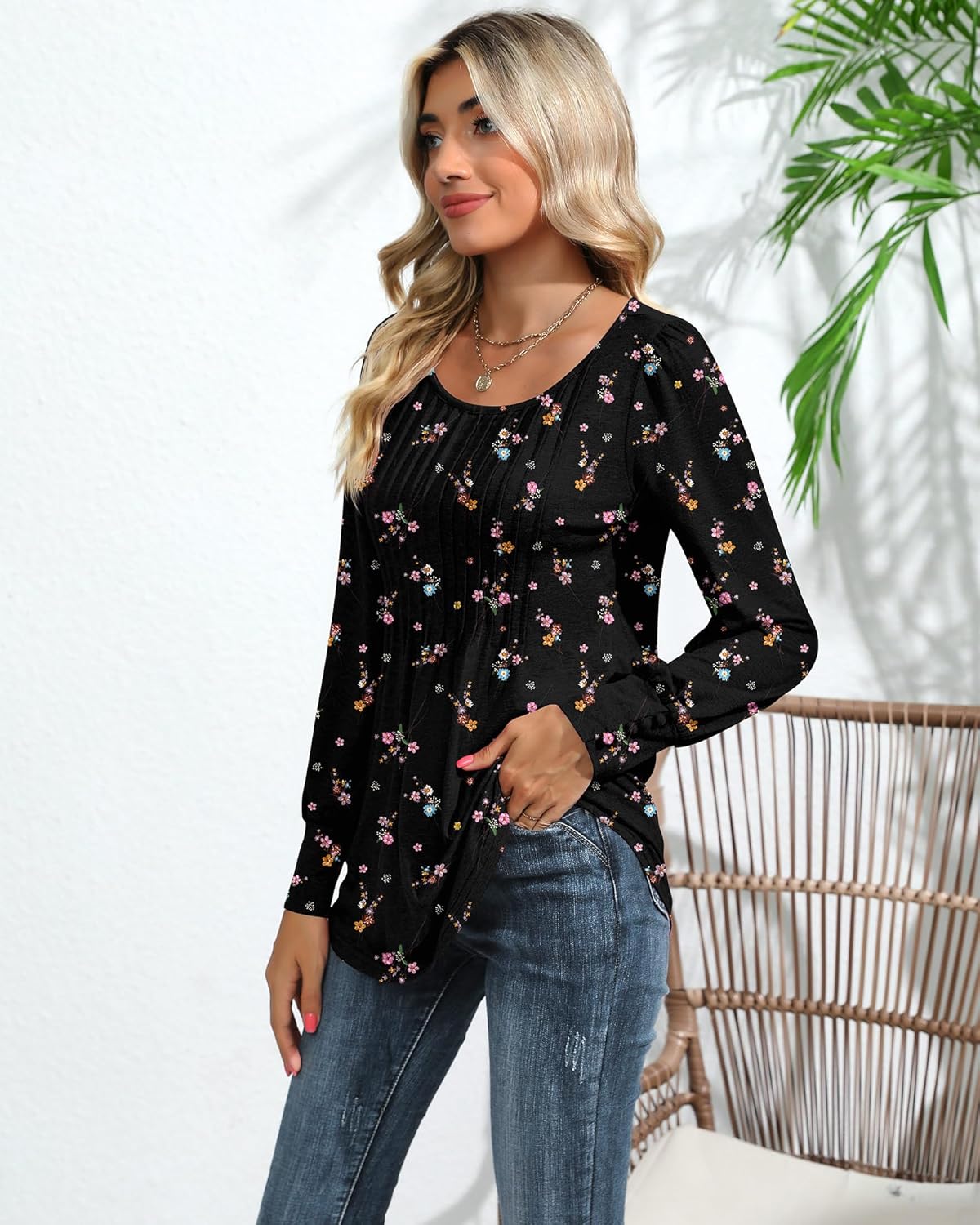 Ficerd Women's Puff Long Sleeve Tunic Tops Pleated Crew Neck Blouses Dressy Casual Loose Fit Winter and Spring Shirts - Image 6