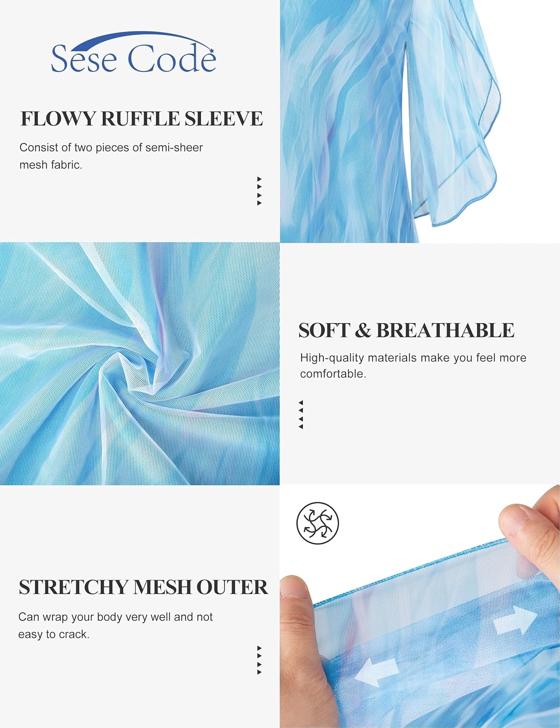 SeSe Code Womens Ruffle 3/4 Sleeve Mesh Blouses Loose Flowy Tops Stretchy Shirts - Image 4