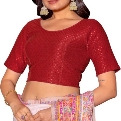 Women's Round Neck Cotton Dobby Lycra Elbow Sleeve Readymade Saree Blouse