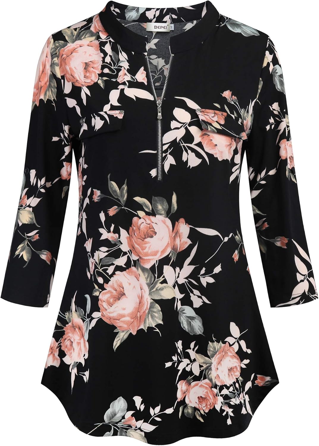BEPEI Womens Floral 3/4 Sleeve Shirts Zip up V Neck Work Chiffon Blouses Top - Image 2