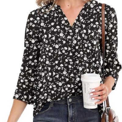 VIISHOW Womens Tops Casual Chiffon Blouses Tops 3/4 Sleeve V Neck Tunic Top Loose Shirt