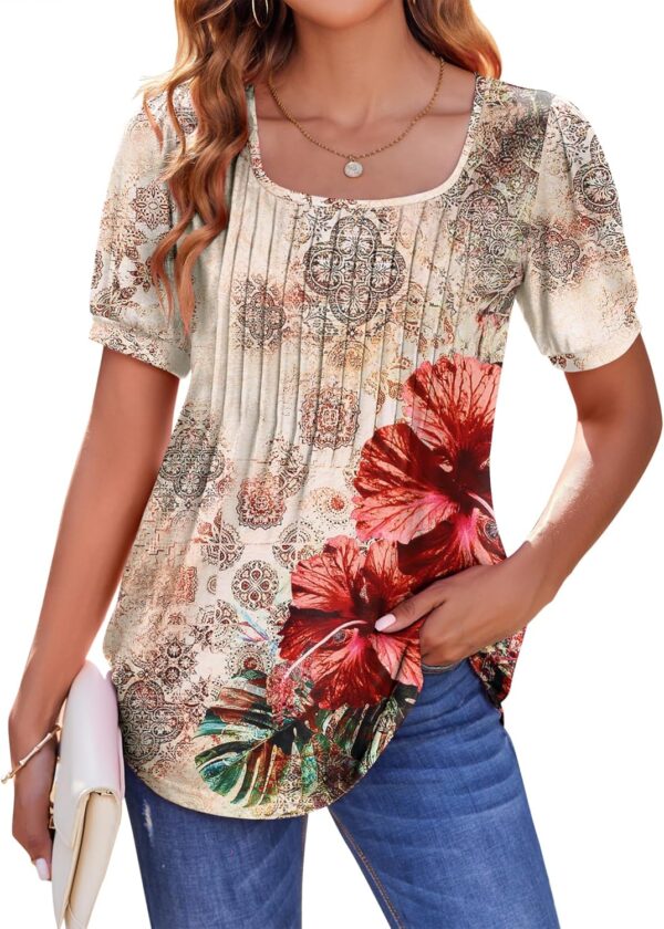Zeagoo Womens Summer Tops Casual Puff Short Sleeve T Shirts Floral/Solid Pleated Tunics Square Neck Work Blouse