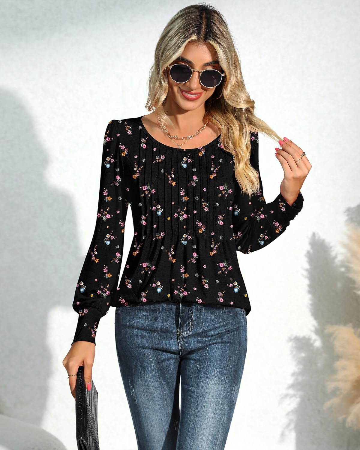 Ficerd Women's Puff Long Sleeve Tunic Tops Pleated Crew Neck Blouses Dressy Casual Loose Fit Winter and Spring Shirts - Image 4