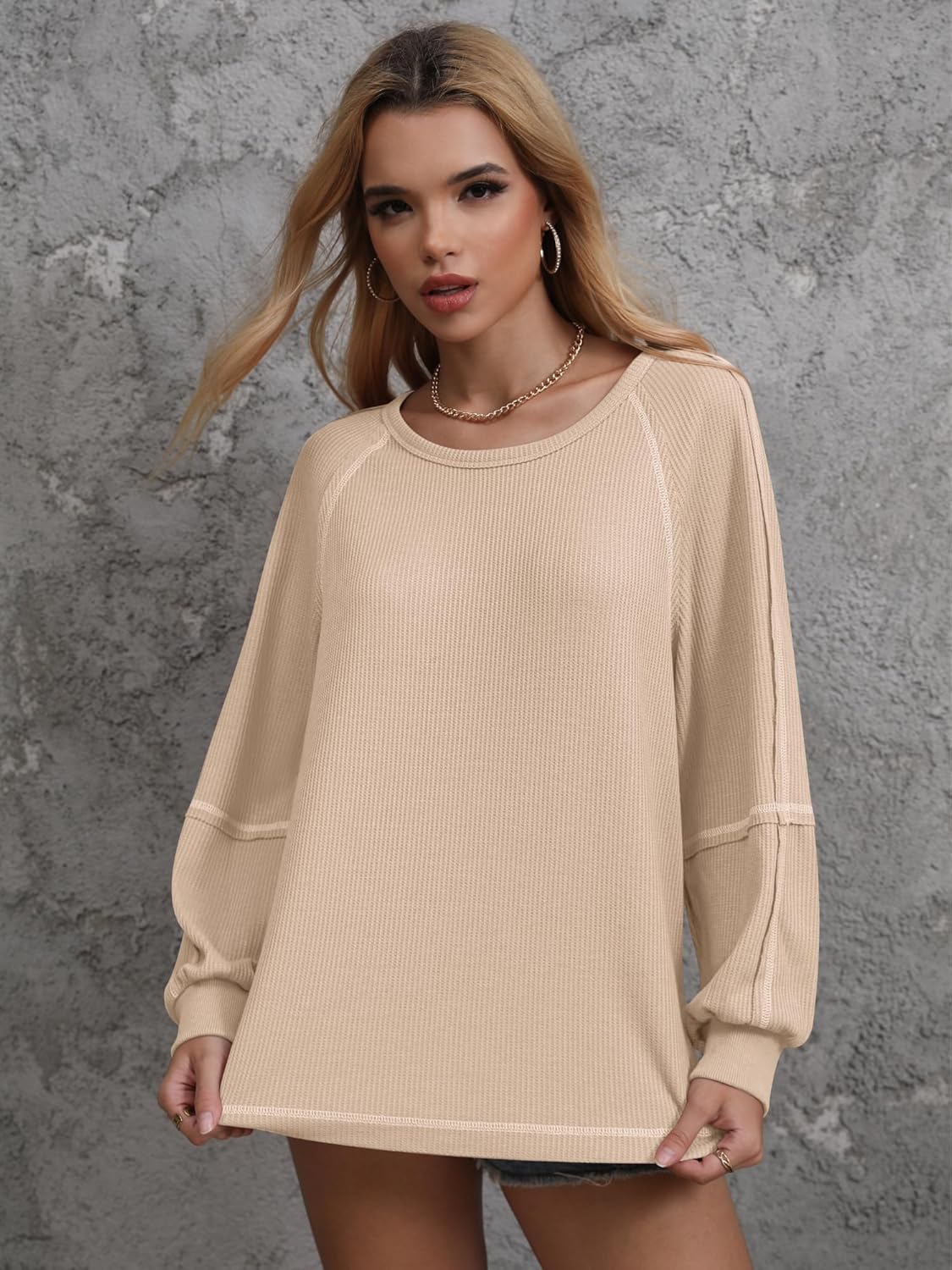 Womens Waffle Tunic Tops Puff Long Sleeve Shirt Loose Fit Casual Pullover Sweatshirt - Image 6