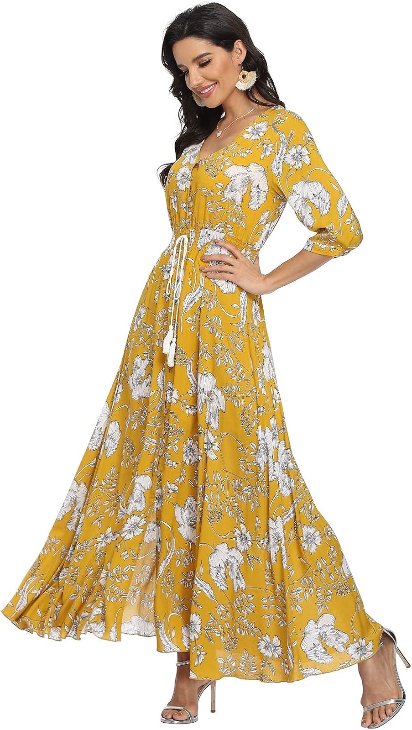 VintageClothing Women's Floral Maxi Dresses with Sleeves Flowy Boho Beach Dress - Image 2
