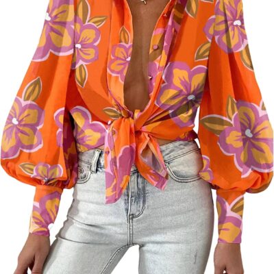 BTFBM Women Fashion Button Down Shirts Lapel V Neck Printed Solid Boho Long Sleeve Blouses Dressy Casual Summer Fall Top