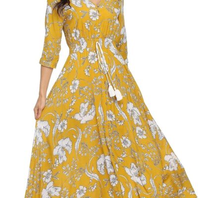 VintageClothing Women's Floral Maxi Dresses with Sleeves Flowy Boho Beach Dress