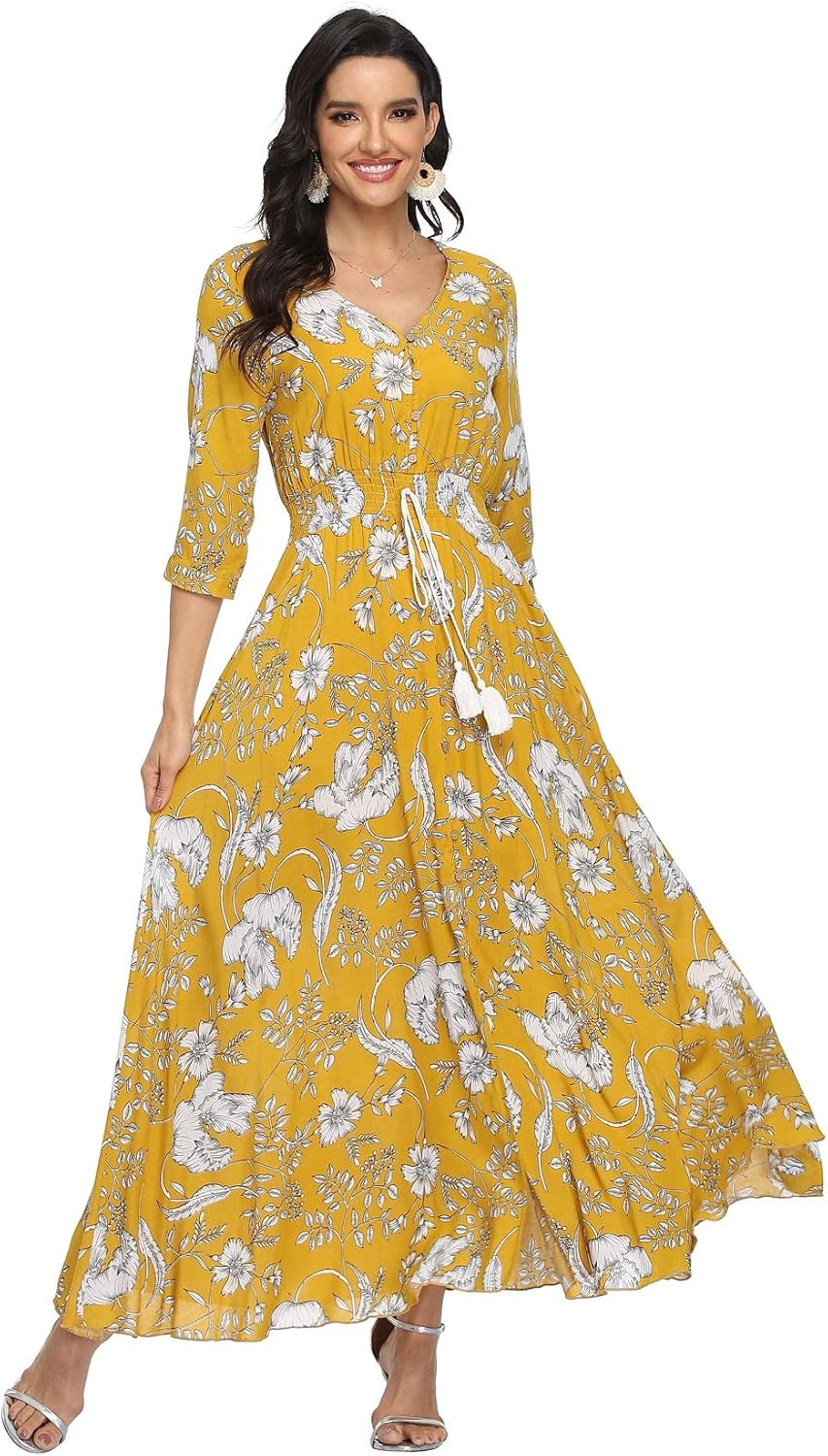 VintageClothing Women's Floral Maxi Dresses with Sleeves Flowy Boho Beach Dress