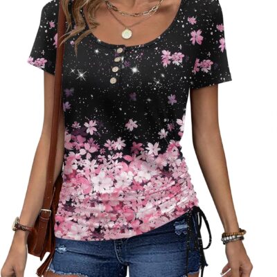 Womens Tops Short Sleeve Summer Henley Shirts Scoop Neck Ruched Button Blouses Dressy Casual Tunic Tops